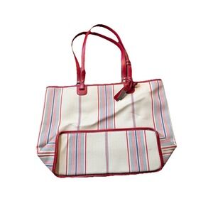 Ralph Lauren Red, Ivory & Blue Striped Canvas Tote Bag 16x12